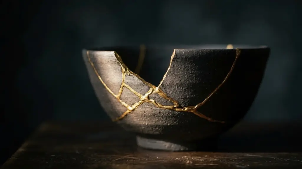 Розбита чашка відновлена золотом кінцугі — вабі-сабі в дії
