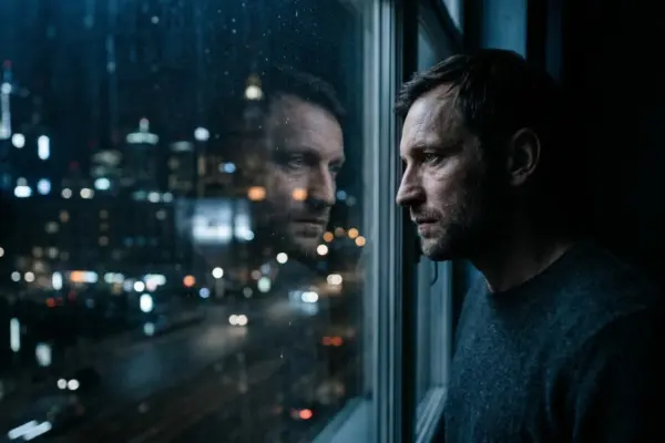 Чоловік вночі біля вікна дивиться на місто - стаття про непотрібність