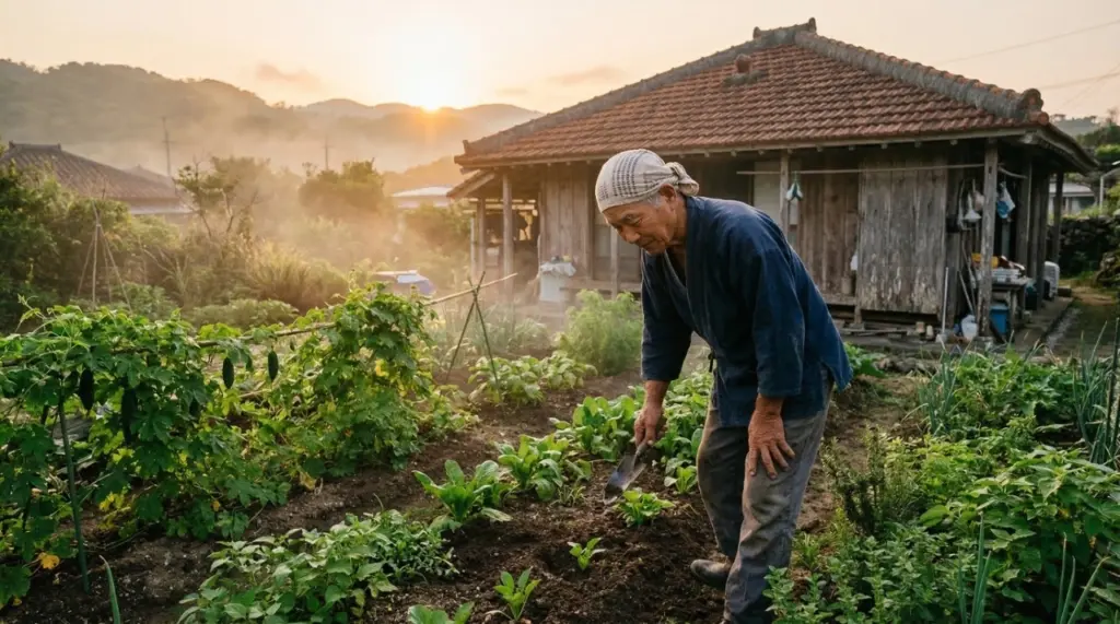 Ікігай - Окінава, сад, людина похилого віку працює в саду. Старі руки майстра за роботою — ікігай як покликання