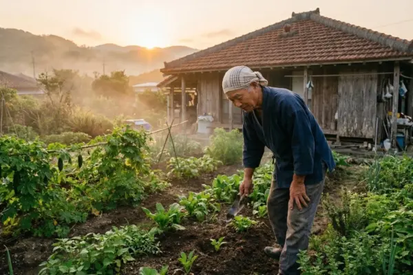Ікігай - Окінава, сад, людина похилого віку працює в саду. Старі руки майстра за роботою — ікігай як покликання